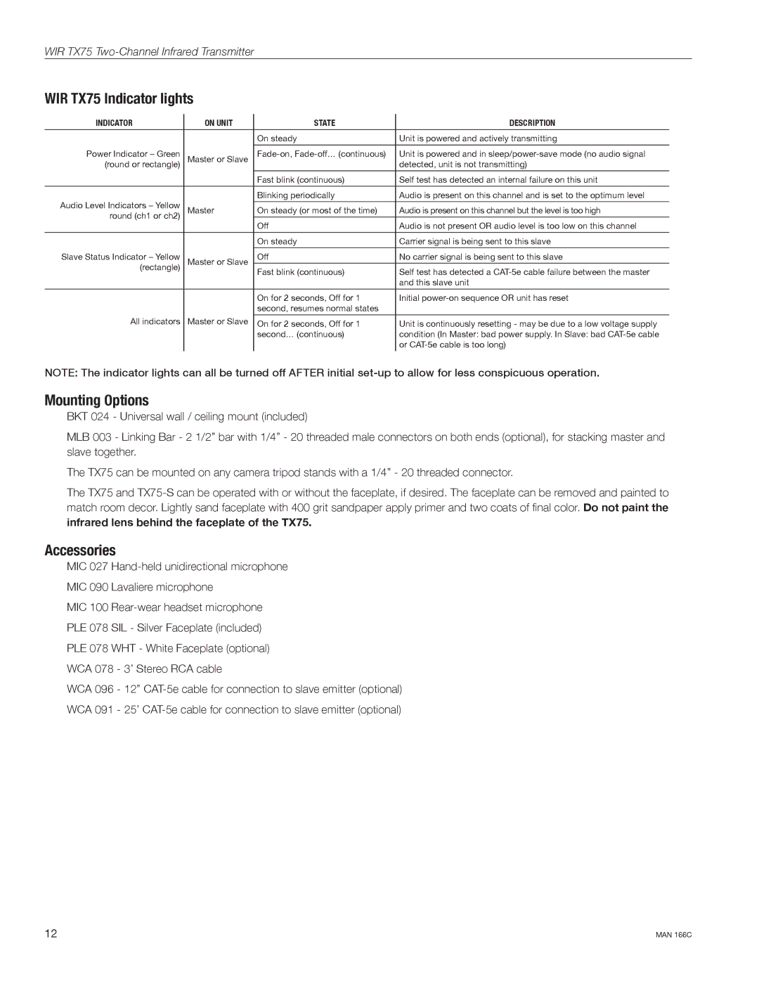 Williams Sound WIR TX75-S WIR TX75 Indicator lights, Mounting Options, Accessories, Indicator On Unit State Description 