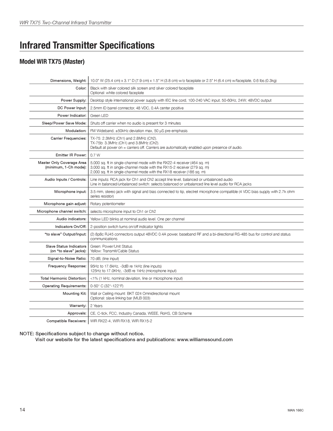 Williams Sound WIR TX75-S manual Infrared Transmitter Specifications, Model WIR TX75 Master 