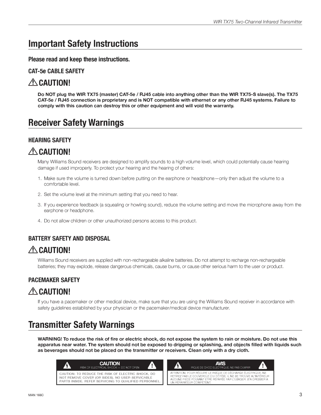 Williams Sound WIR TX75-S manual Important Safety Instructions, Receiver Safety Warnings, Transmitter Safety Warnings 