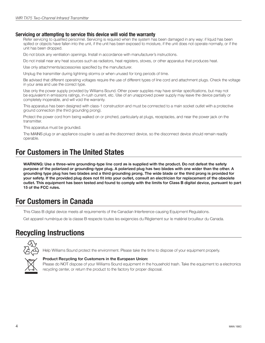 Williams Sound WIR TX75-S manual For Customers in The United States For Customers in Canada, Recycling Instructions 