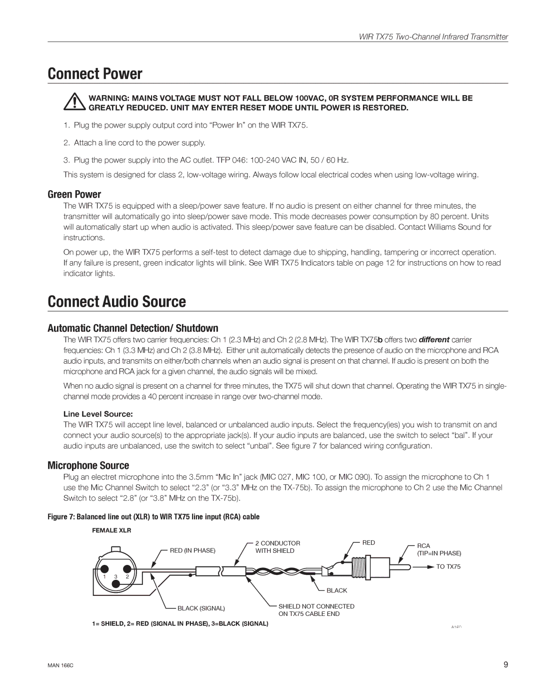 Williams Sound WIR TX75-S manual Connect Power, Connect Audio Source, Green Power, Automatic Channel Detection/ Shutdown 