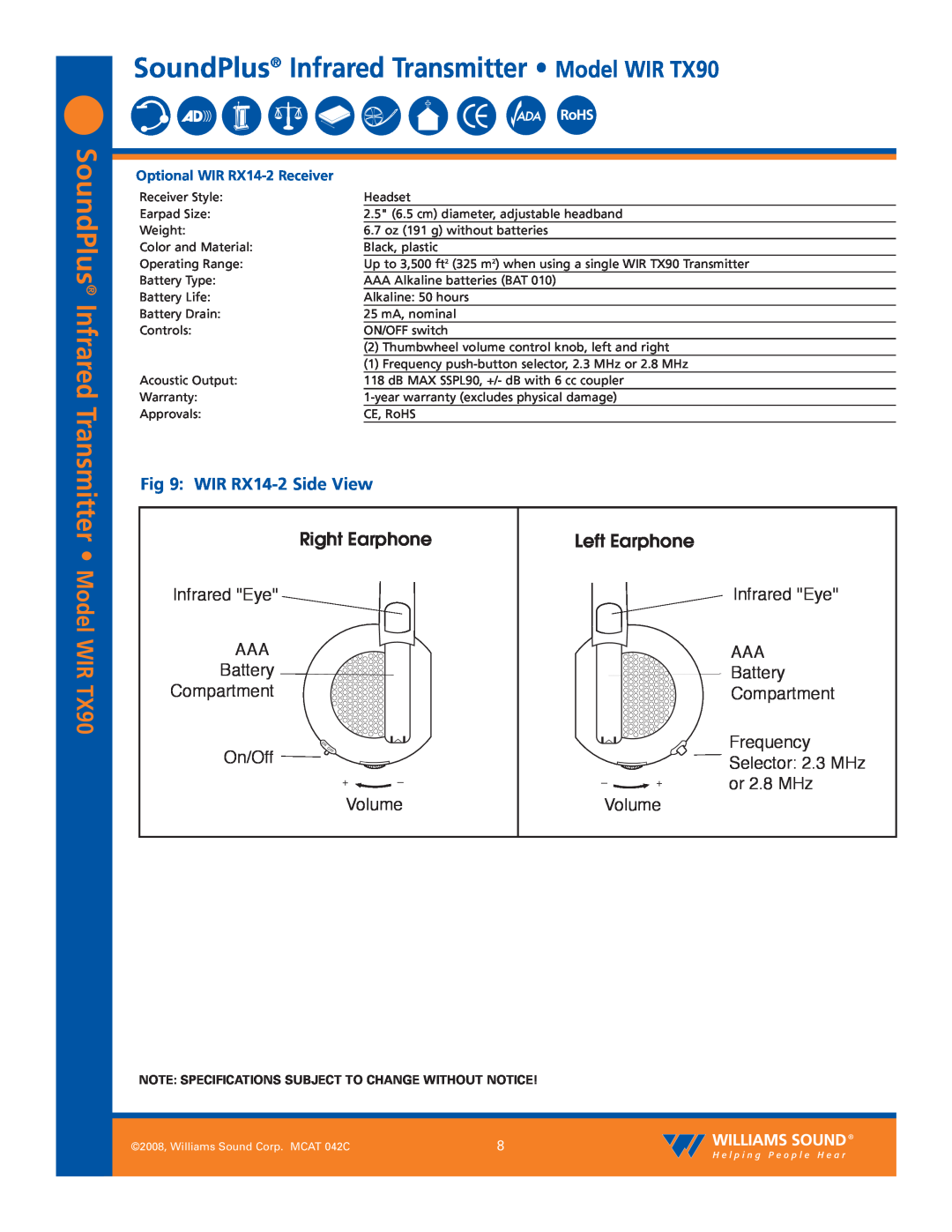 Williams Sound SoundPlus Infrared Transmitter, Model WIR TX90, WIR RX14-2Side View, Right Earphone, Left Earphone 