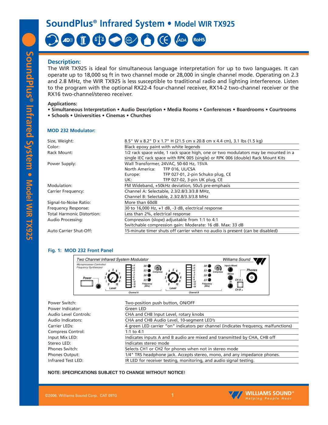 Williams Sound specifications SoundPlus Infrared System Model WIR TX925, Description, MOD 232 Modulator 