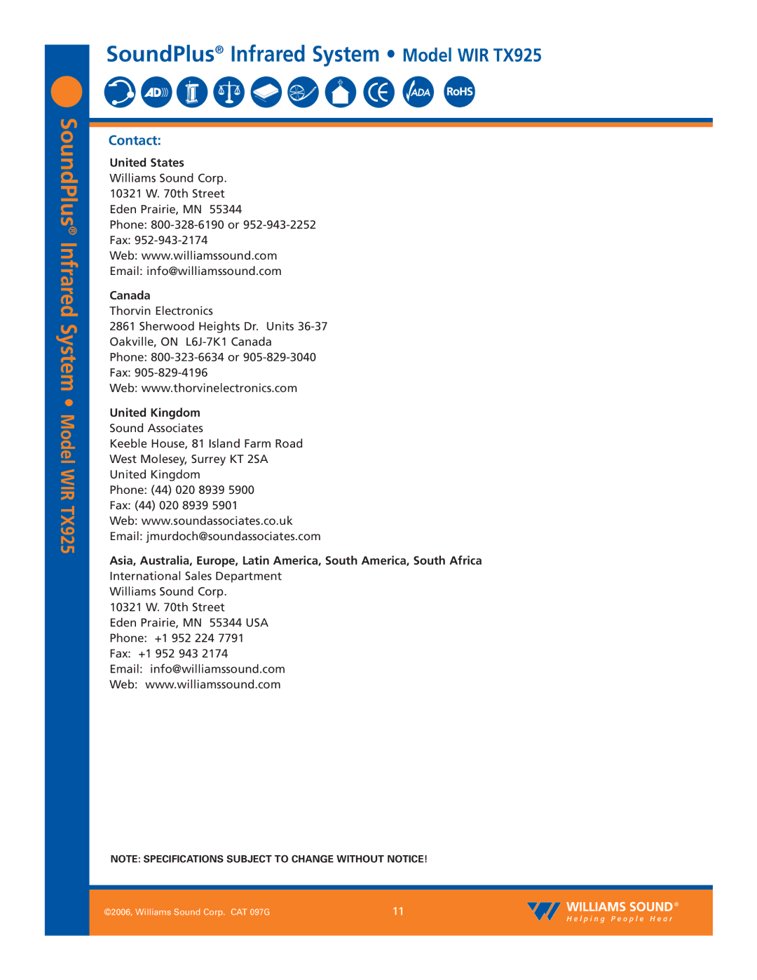 Williams Sound WIR TX925 specifications Contact, United States 