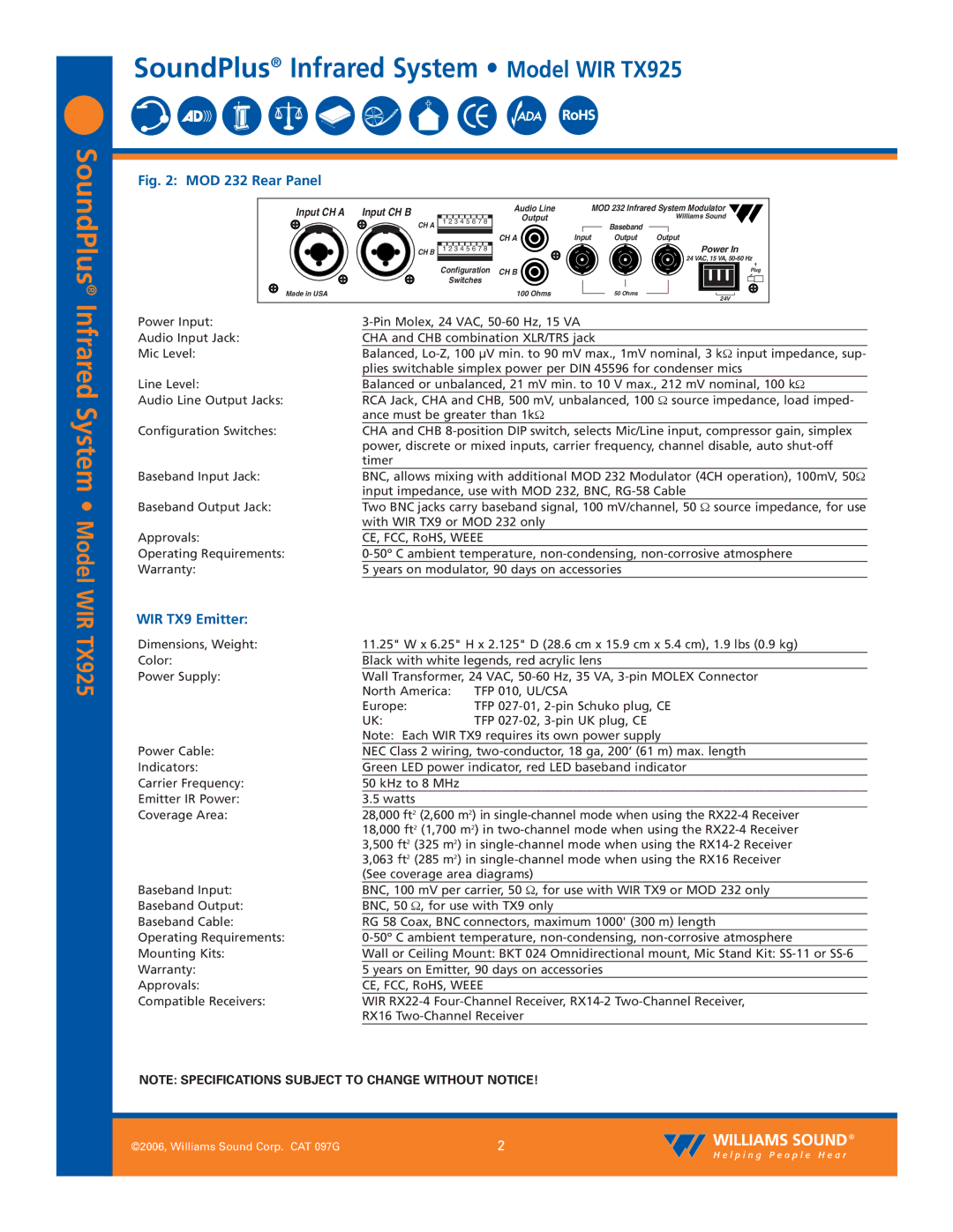 Williams Sound WIR TX925 specifications WIR TX9 Emitter, TFP 010, UL/CSA 