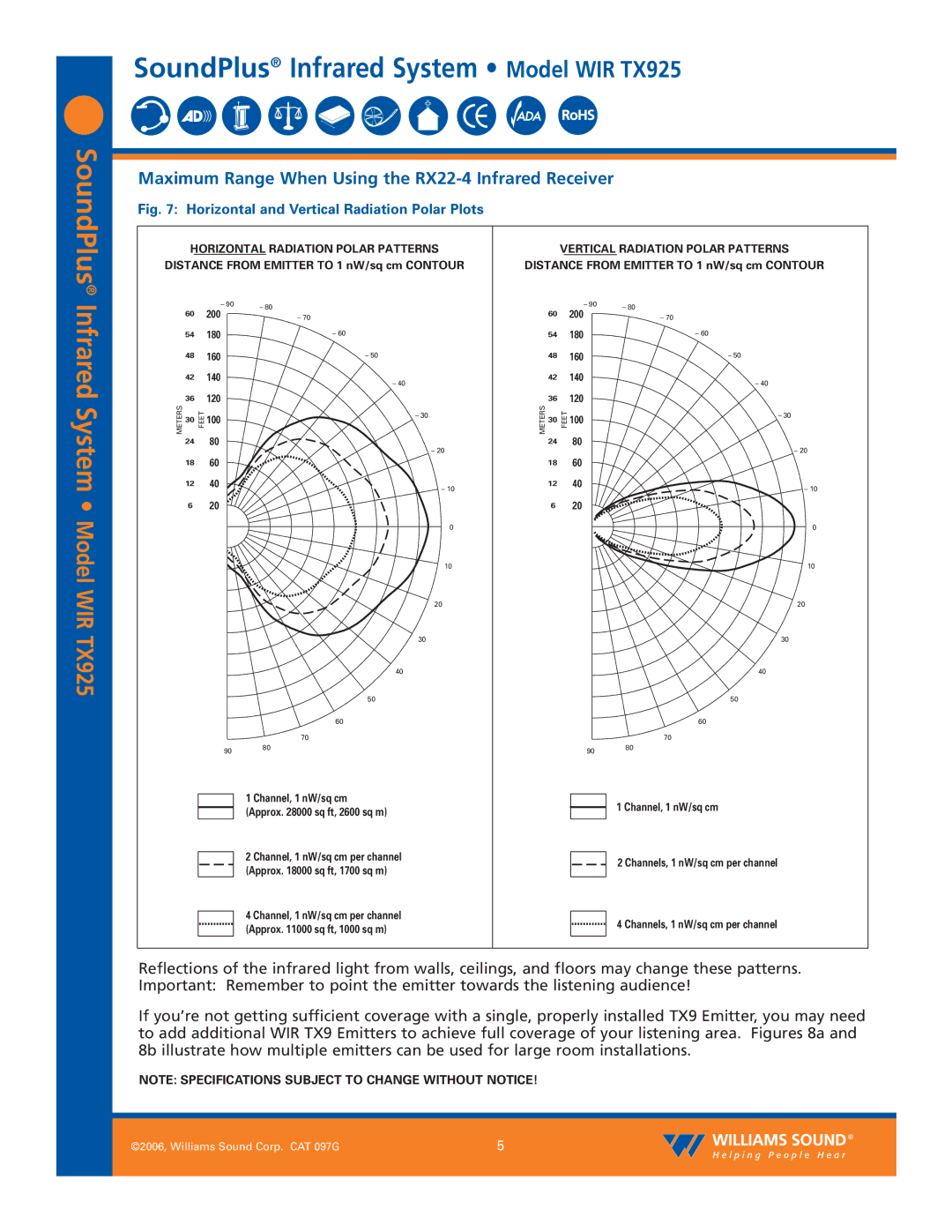 Williams Sound specifications Infrared System Model WIR TX925, Maximum Range When Using the RX22-4 Infrared Receiver 