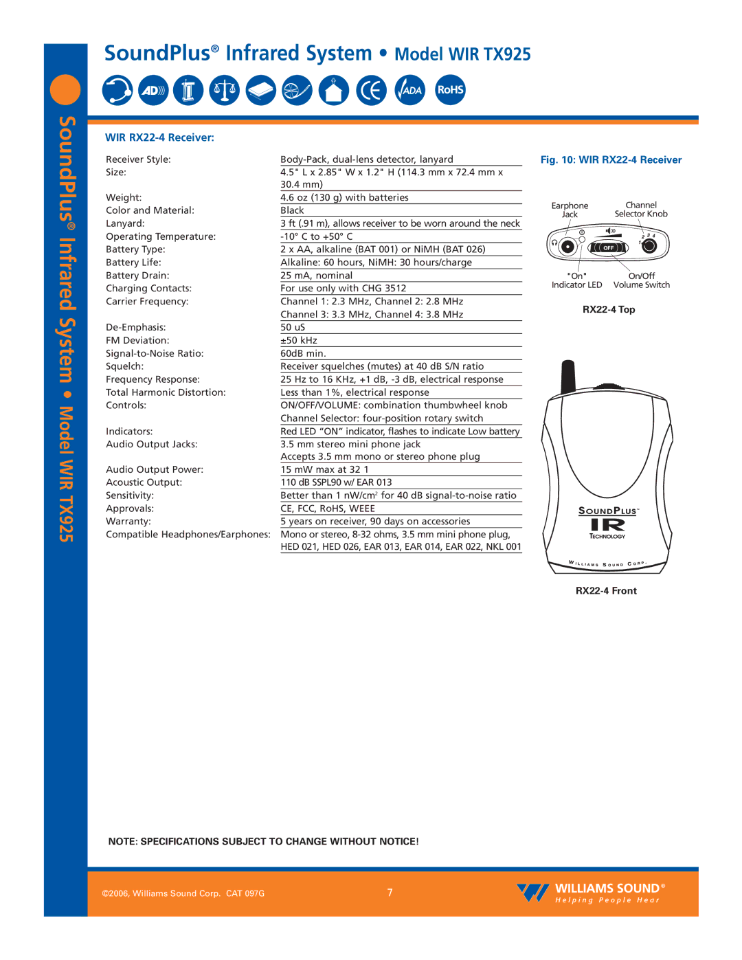 Williams Sound WIR TX925 specifications WIR RX22-4 Receiver 