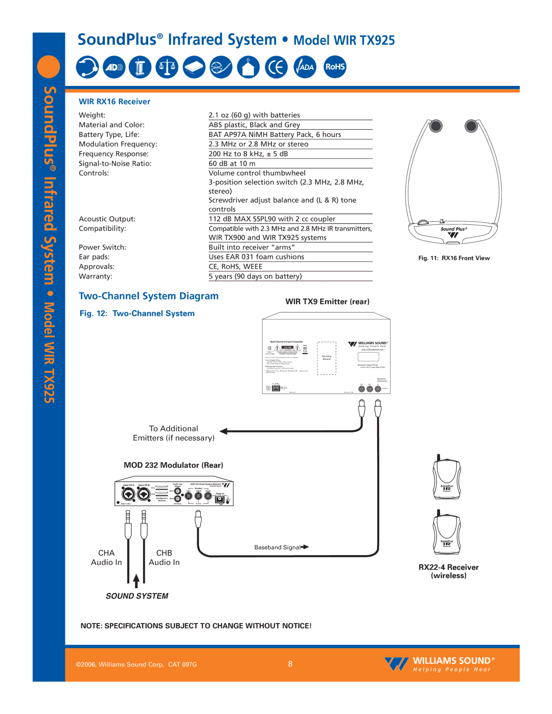 Williams Sound WIR TX925 specifications SoundPlus Infrared System, Two-Channel System Diagram, WIR RX16 Receiver, Chb 