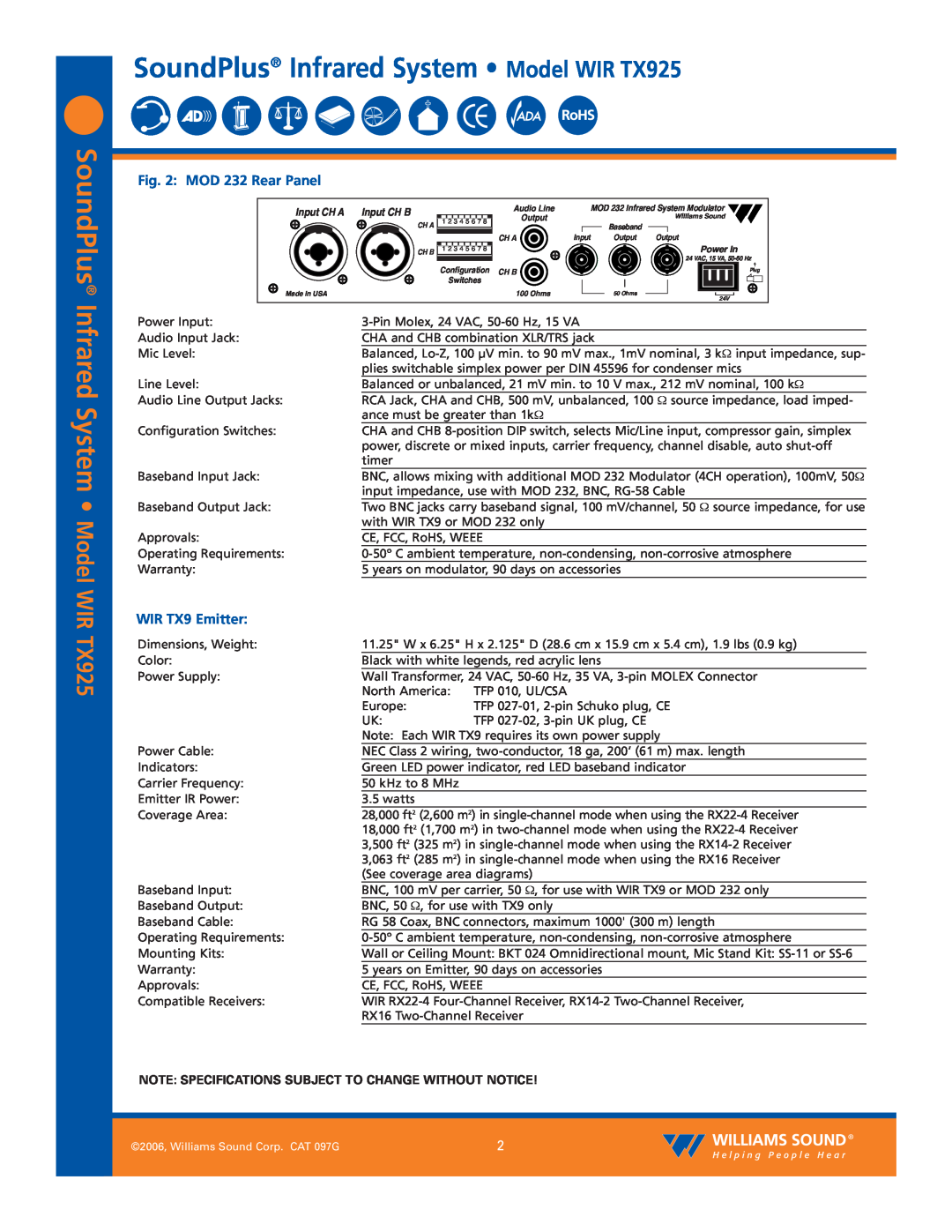 Williams Sound specifications SoundPlus Infrared System Model WIR TX925, MOD 232 Rear Panel, WIR TX9 Emitter 