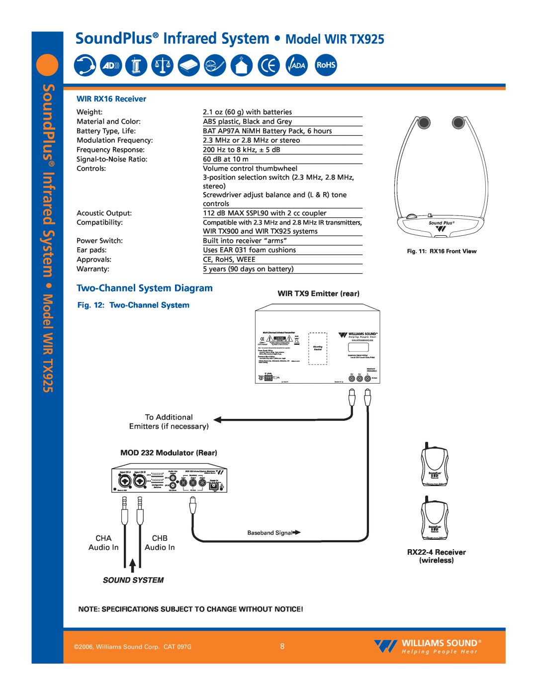 Williams Sound WIR TX925 SoundPlus Infrared System, Model, Two-ChannelSystem Diagram, WIR TX9 Emitter rear, Audio In 