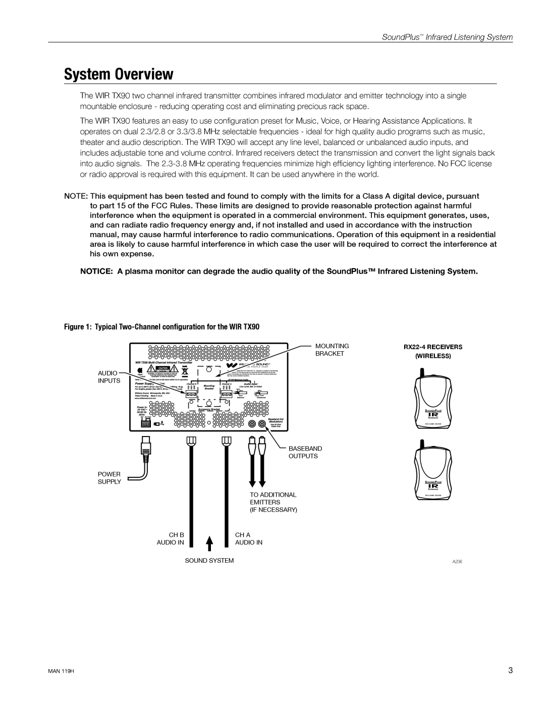 Williams Sound WIRRX18, WIRSYS 90 ADV, Model WIRTX90, WIRRX22-4, CHG3512 System Overview, Mounting RX22-4 Receivers Bracket 