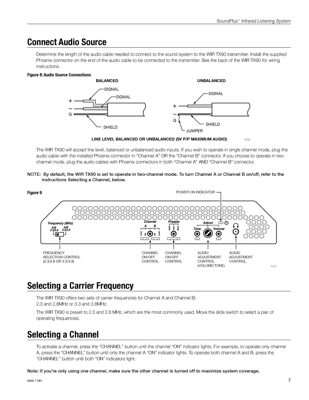 Williams Sound CHG 518, WIRSYS 90 ADV, WIRRX22-4 Connect Audio Source, Selecting a Carrier Frequency, Selecting a Channel 