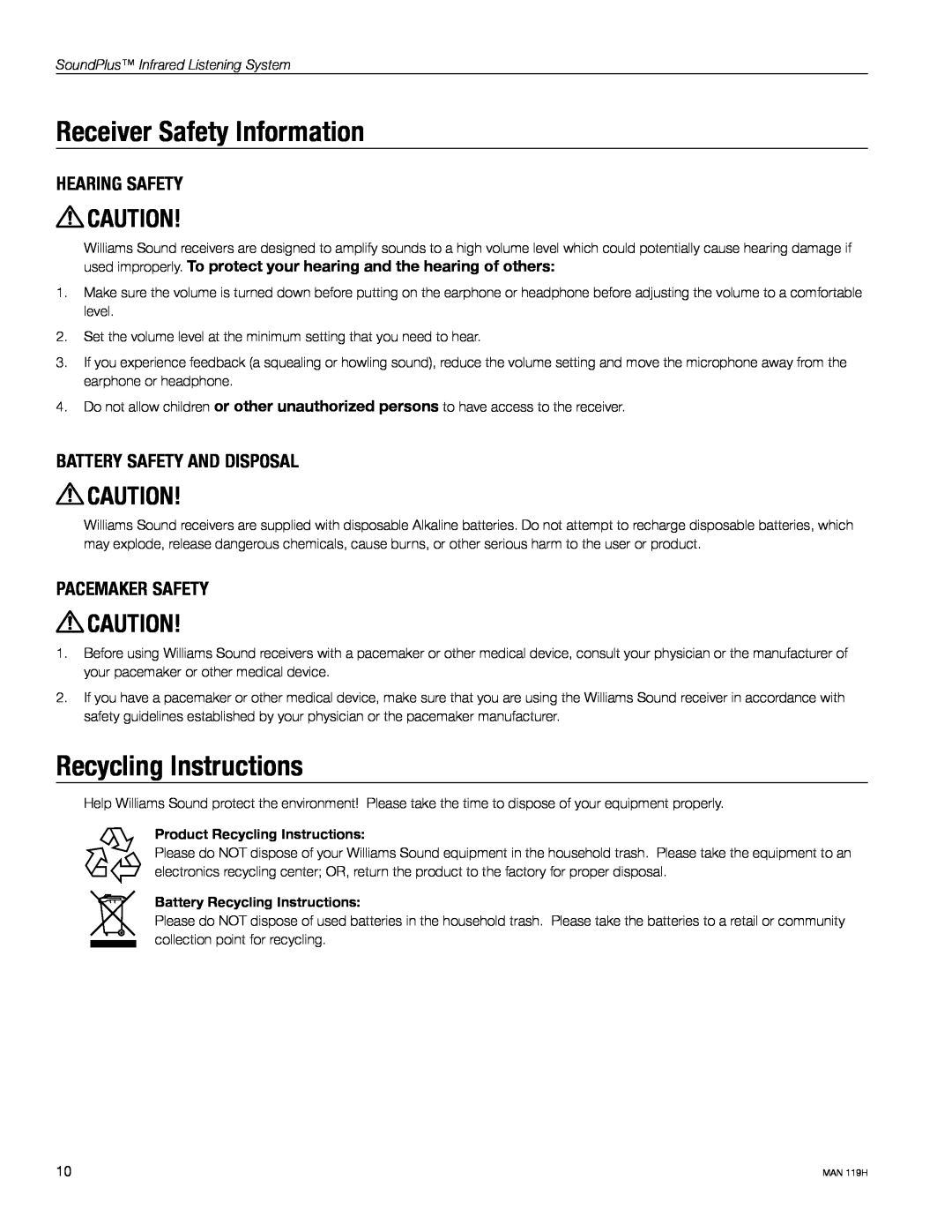 Williams Sound WIRRX22-4 Receiver Safety Information, Recycling Instructions, Hearing Safety, Battery Safety And Disposal 