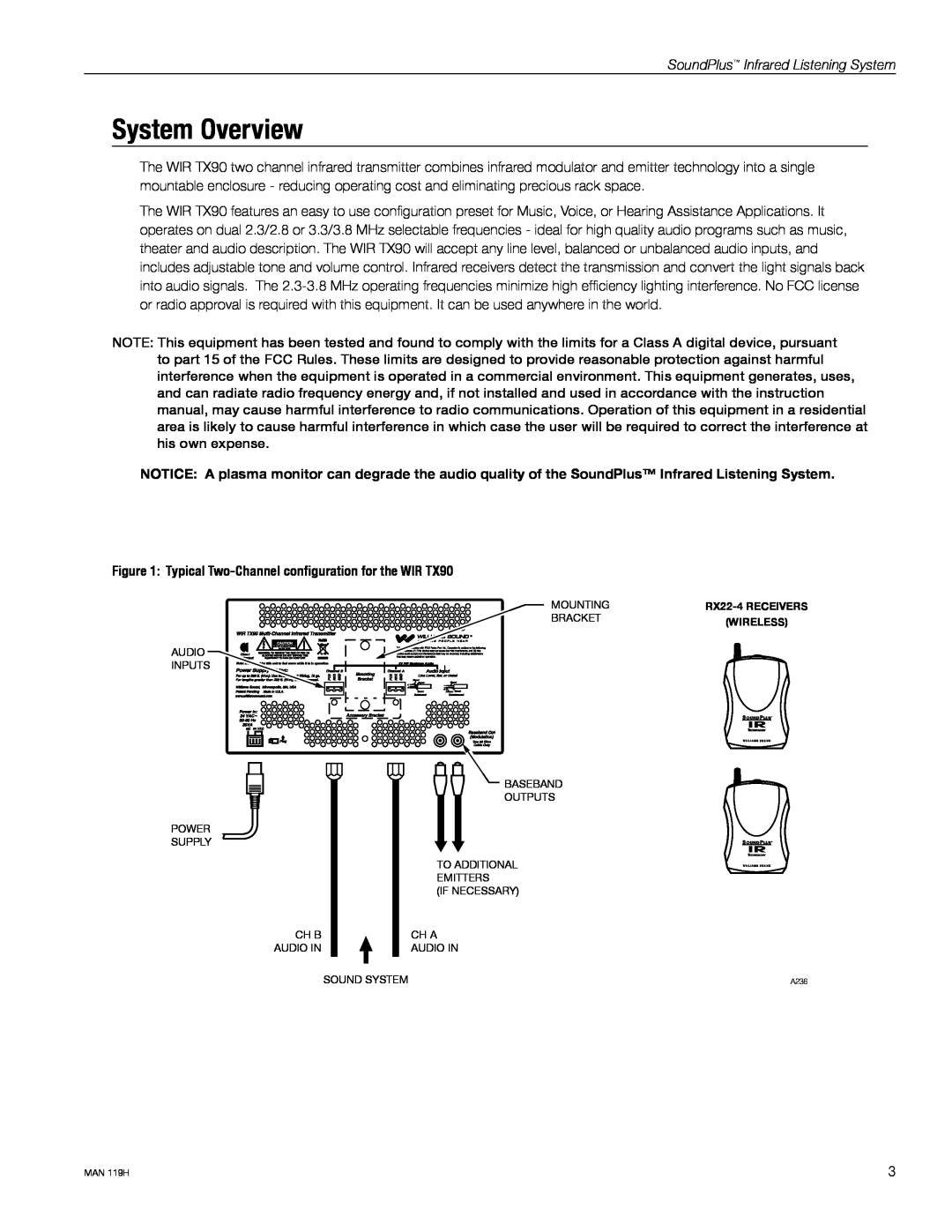 Williams Sound WIRRX18, WIRSYS 90 ADV, Model WIRTX90 System Overview, Typical Two-Channel configuration for the WIR TX90 