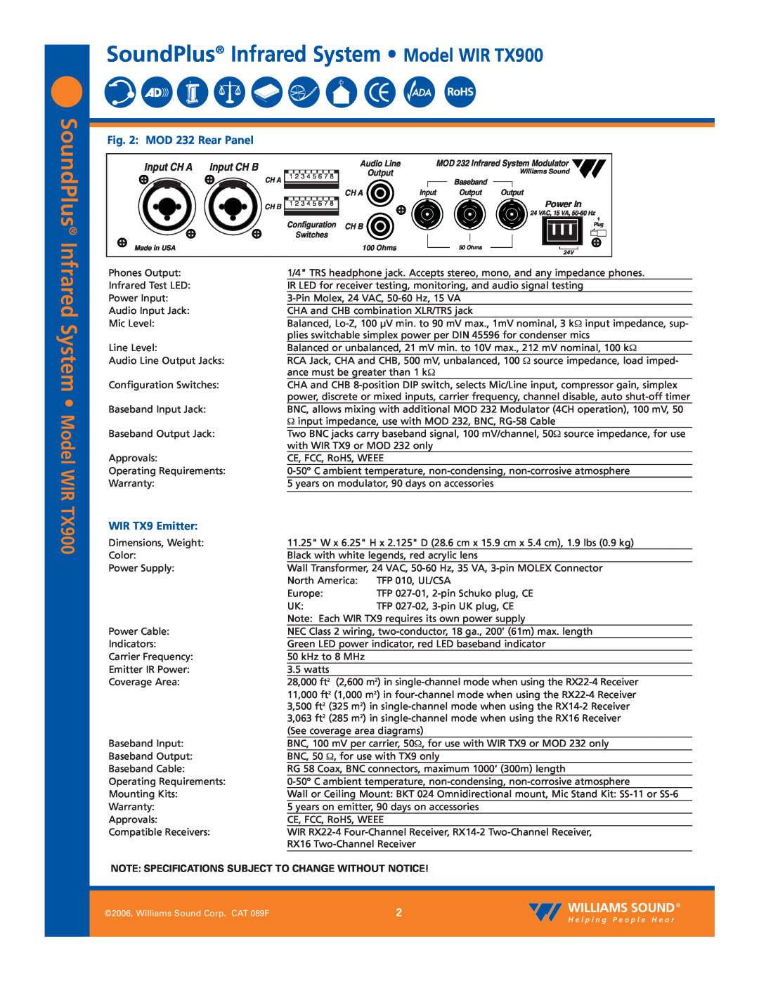 Williams Sound WIRTX900 specifications SoundPlus Infrared System Model WIR TX900, Input CH A, Input CH B 