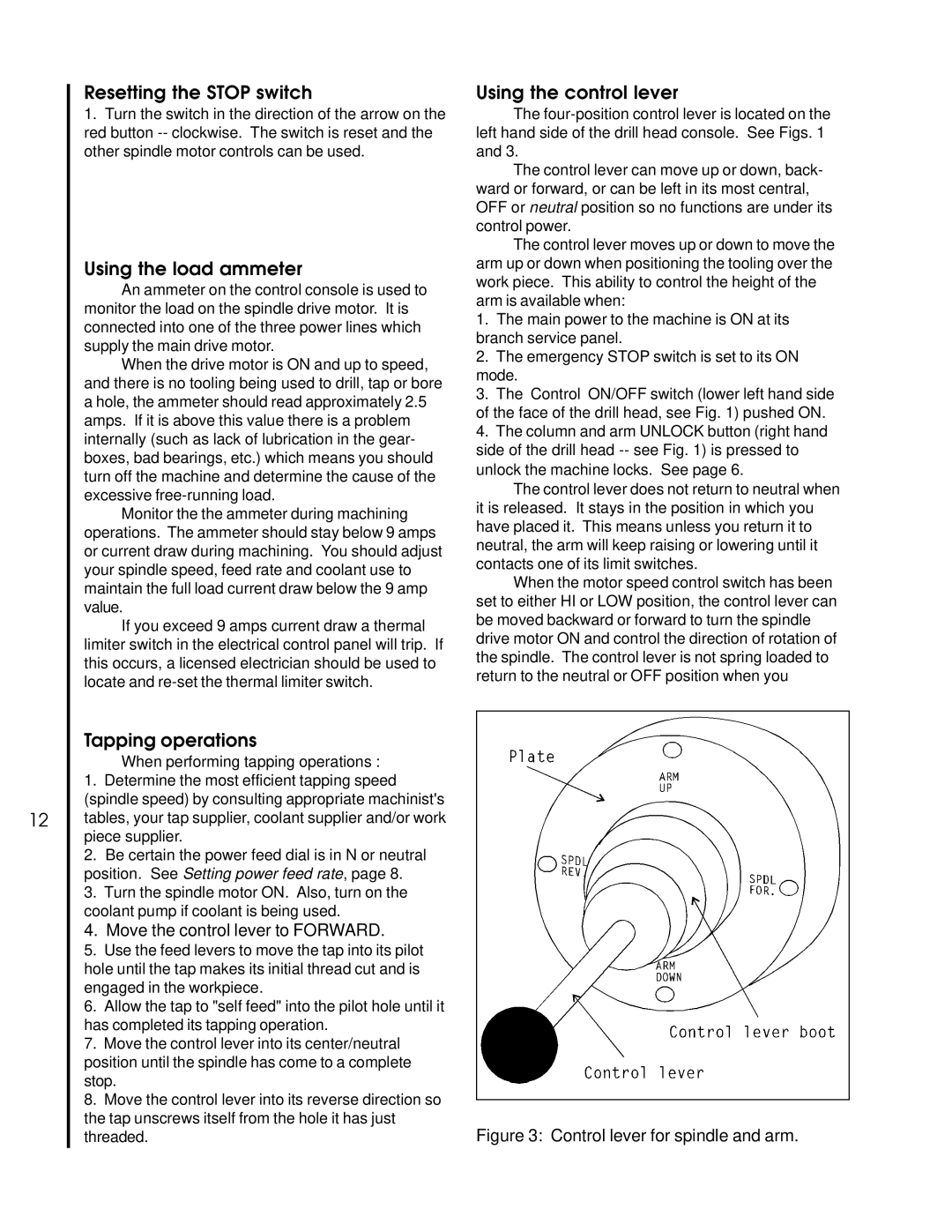 Wilton 1230 manual Resetting the Stop switch, Using the load ammeter, Using the control lever, Tapping operations 