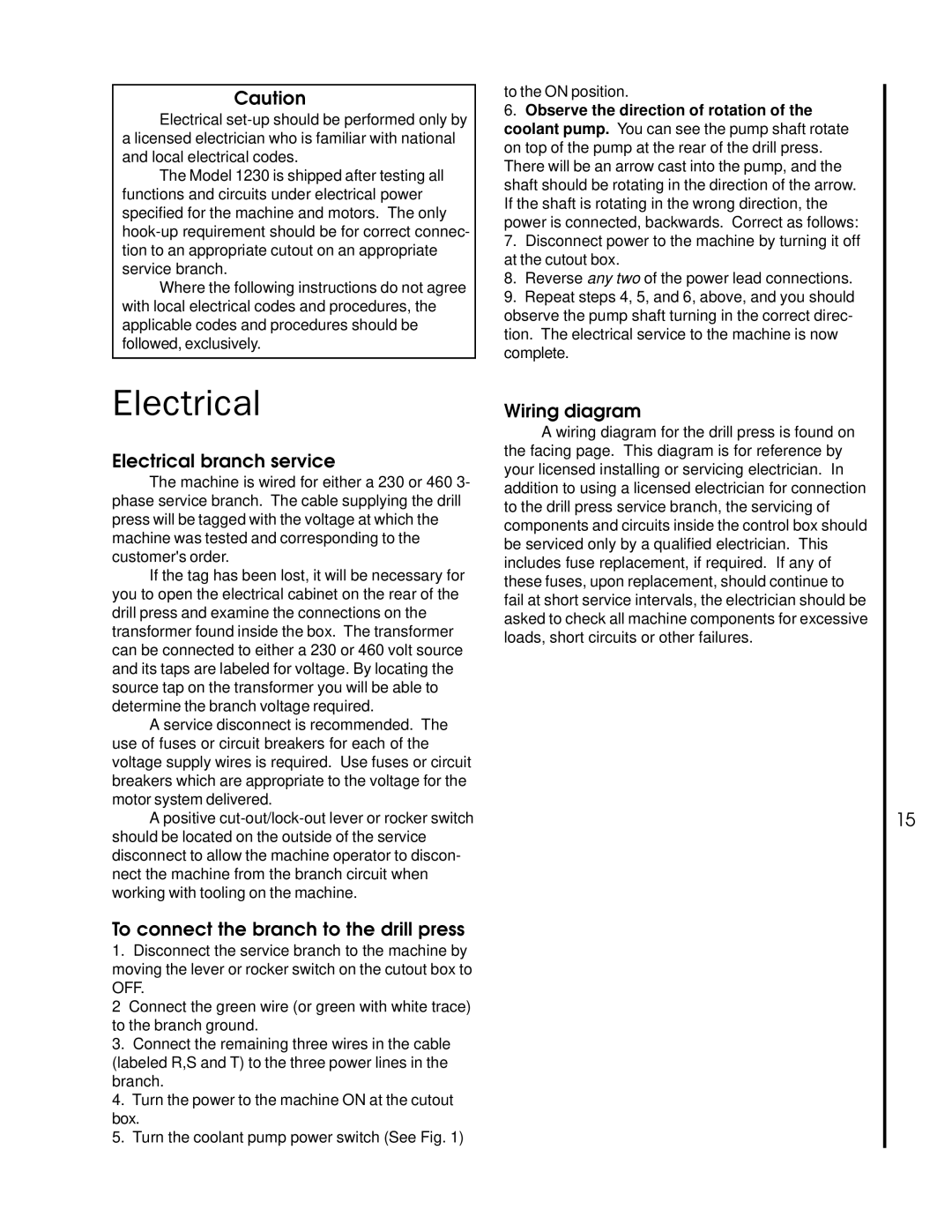 Wilton 1230 manual Electrical branch service, To connect the branch to the drill press, Wiring diagram 