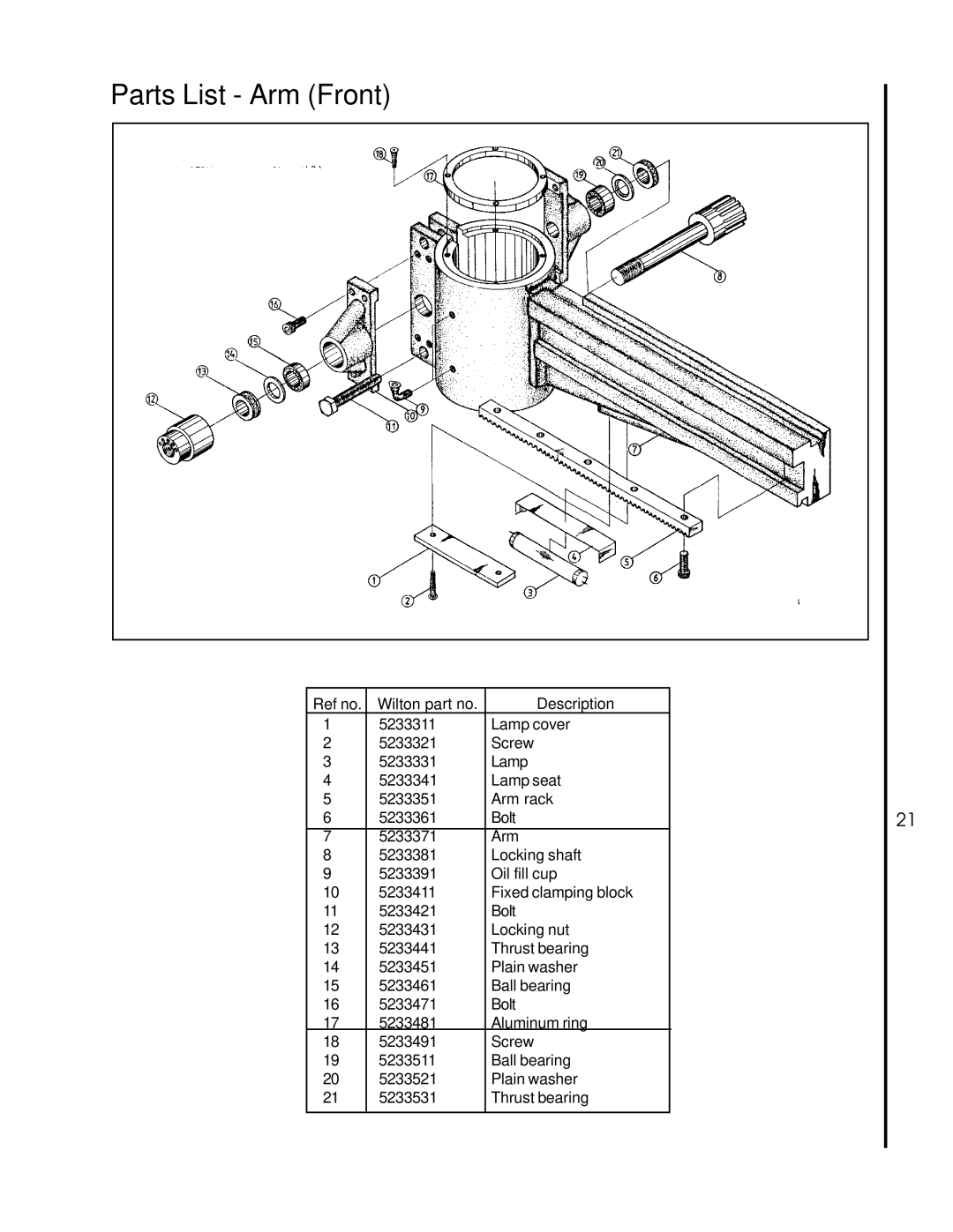 Wilton 1230 manual Parts List Arm Front 