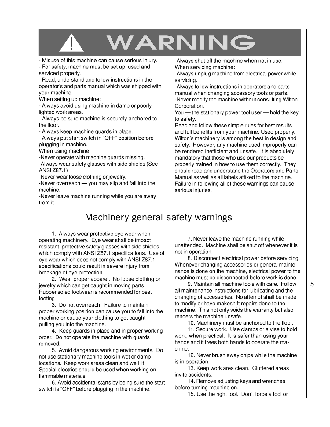 Wilton 1230 manual Machinery general safety warnings 