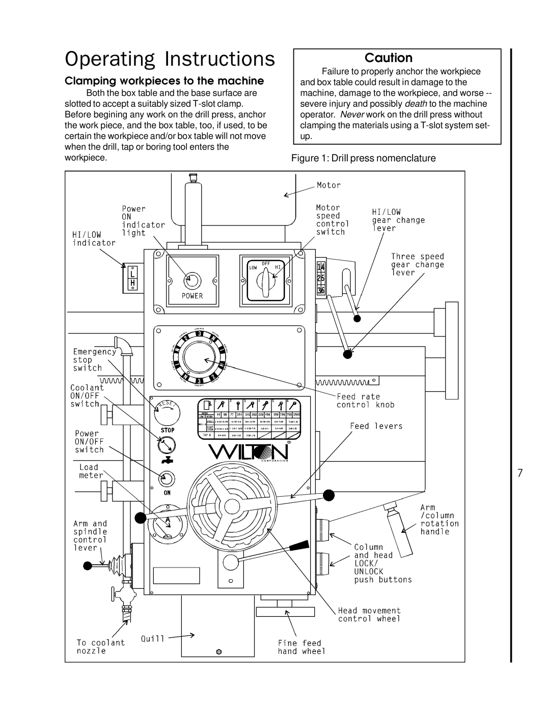 Wilton 1230 manual Operating Instructions, Clamping workpieces to the machine 