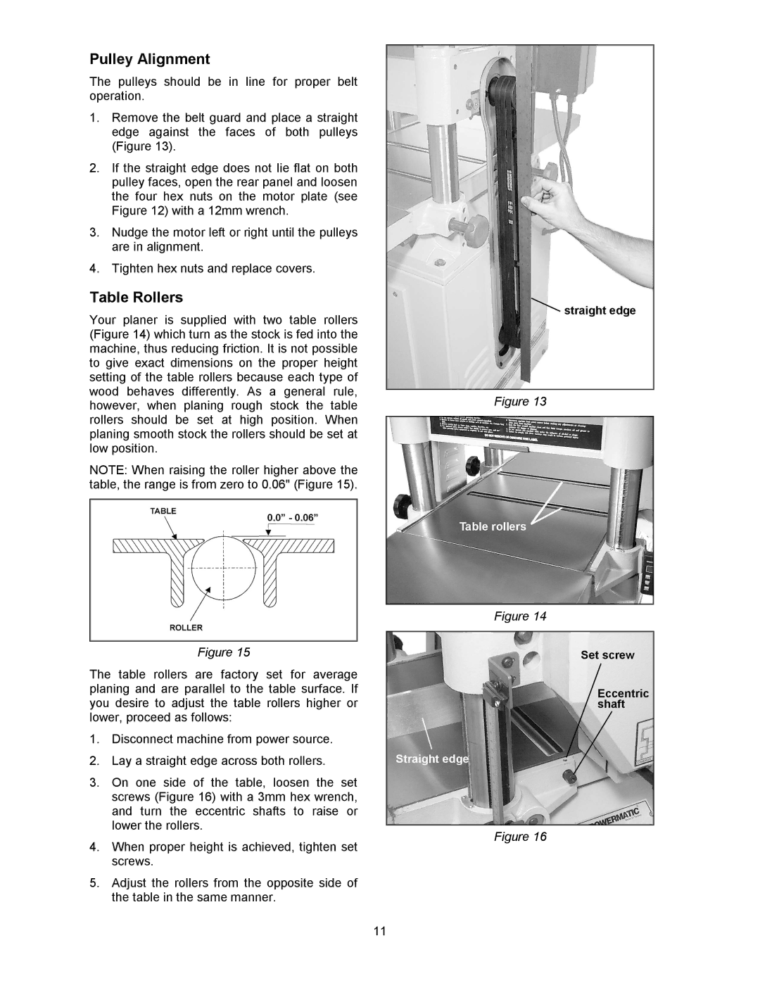 Wilton 15S, 15HH manual Pulley Alignment, Table Rollers 