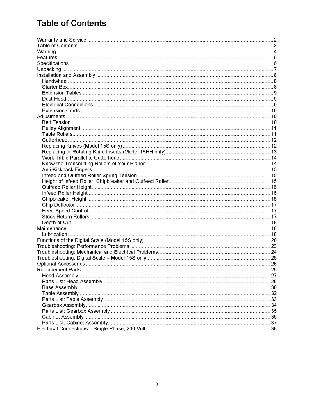 Wilton 15S, 15HH manual Table of Contents 