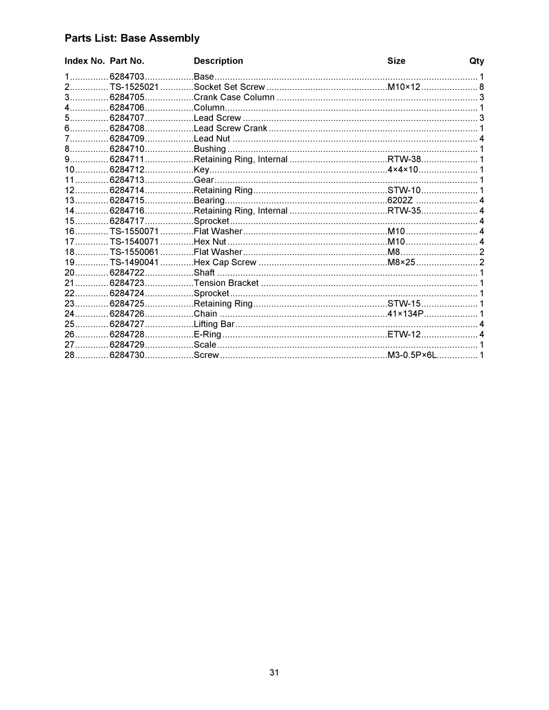 Wilton 15S, 15HH manual Parts List Base Assembly, Index No. Part No Description Size Qty 