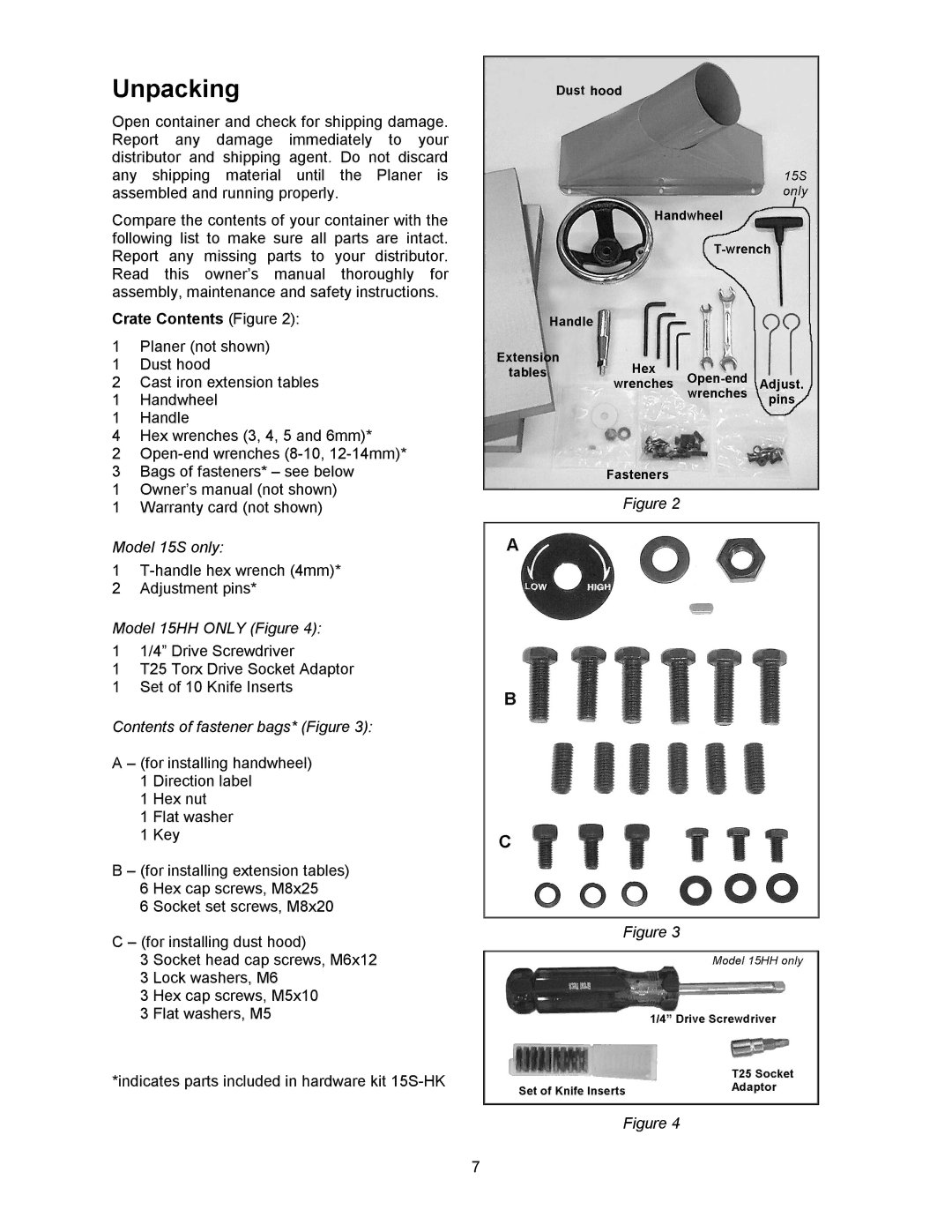 Wilton 15S, 15HH manual Unpacking, Crate Contents Figure 