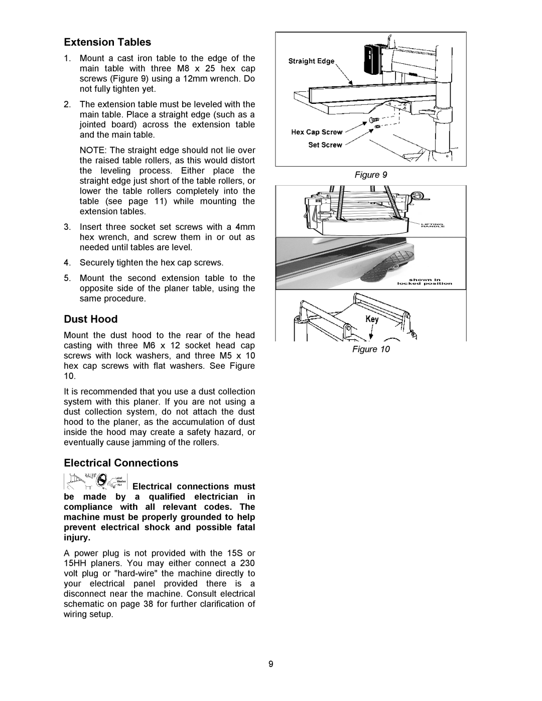 Wilton 15S, 15HH manual Extension Tables, Dust Hood, Electrical Connections 