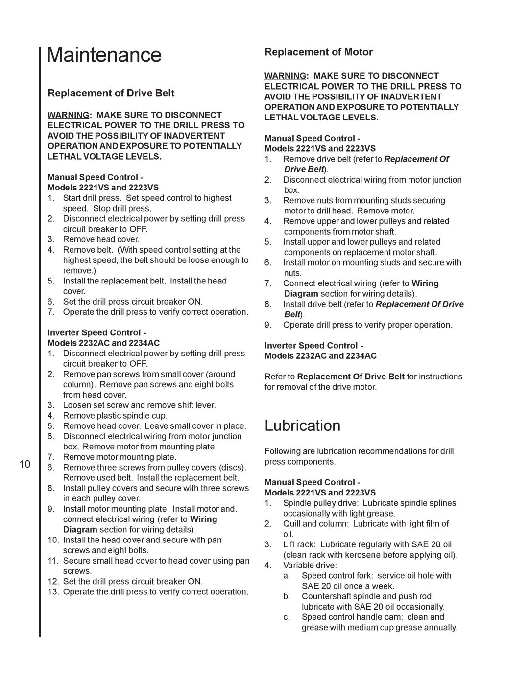 Wilton 2221VS manual Maintenance, Lubrication, Replacement of Drive Belt, Replacement of Motor 