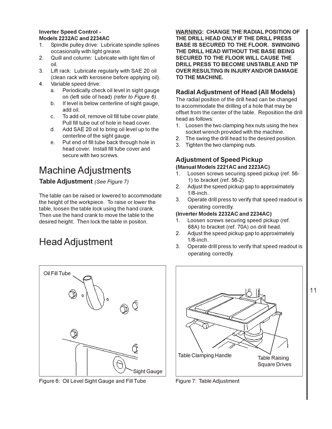 Wilton 2221VS Machine Adjustments, Head Adjustment, Table Adjustment See Figure, Radial Adjustment of Head All Models 