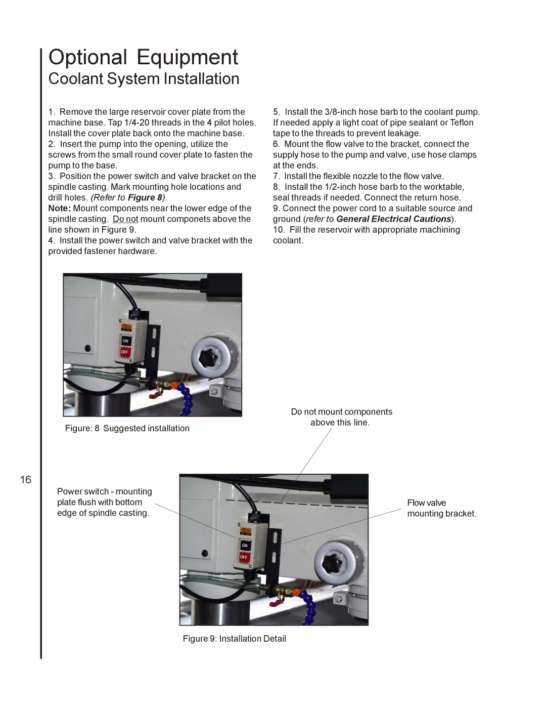 Wilton 2221VS manual Optional Equipment, Coolant System Installation 