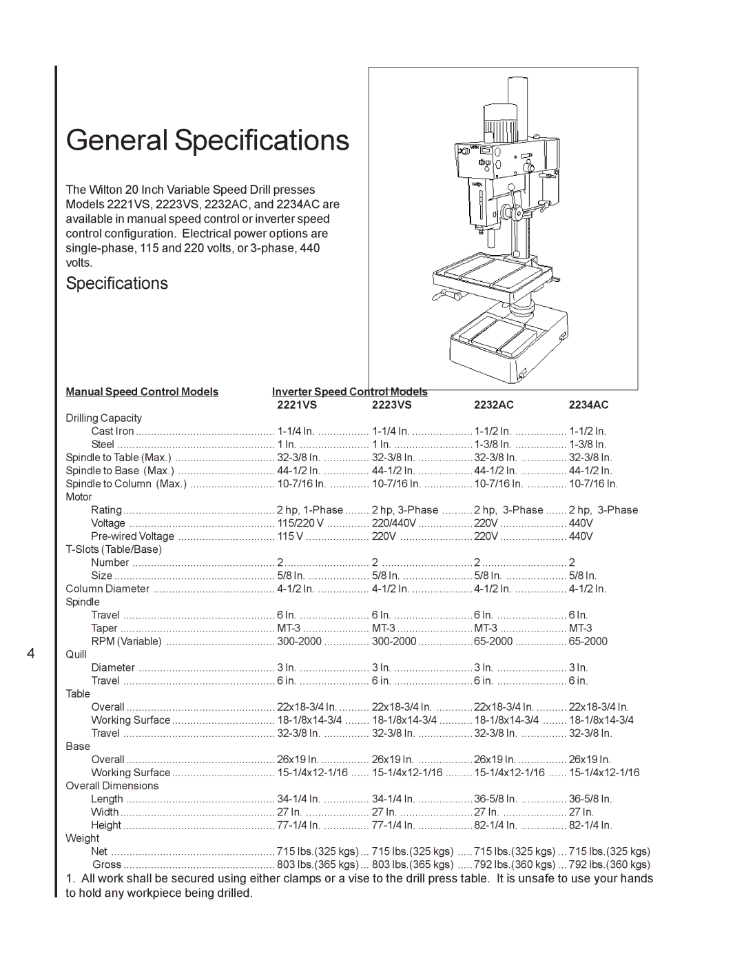 Wilton 2221VS manual General Specifications 