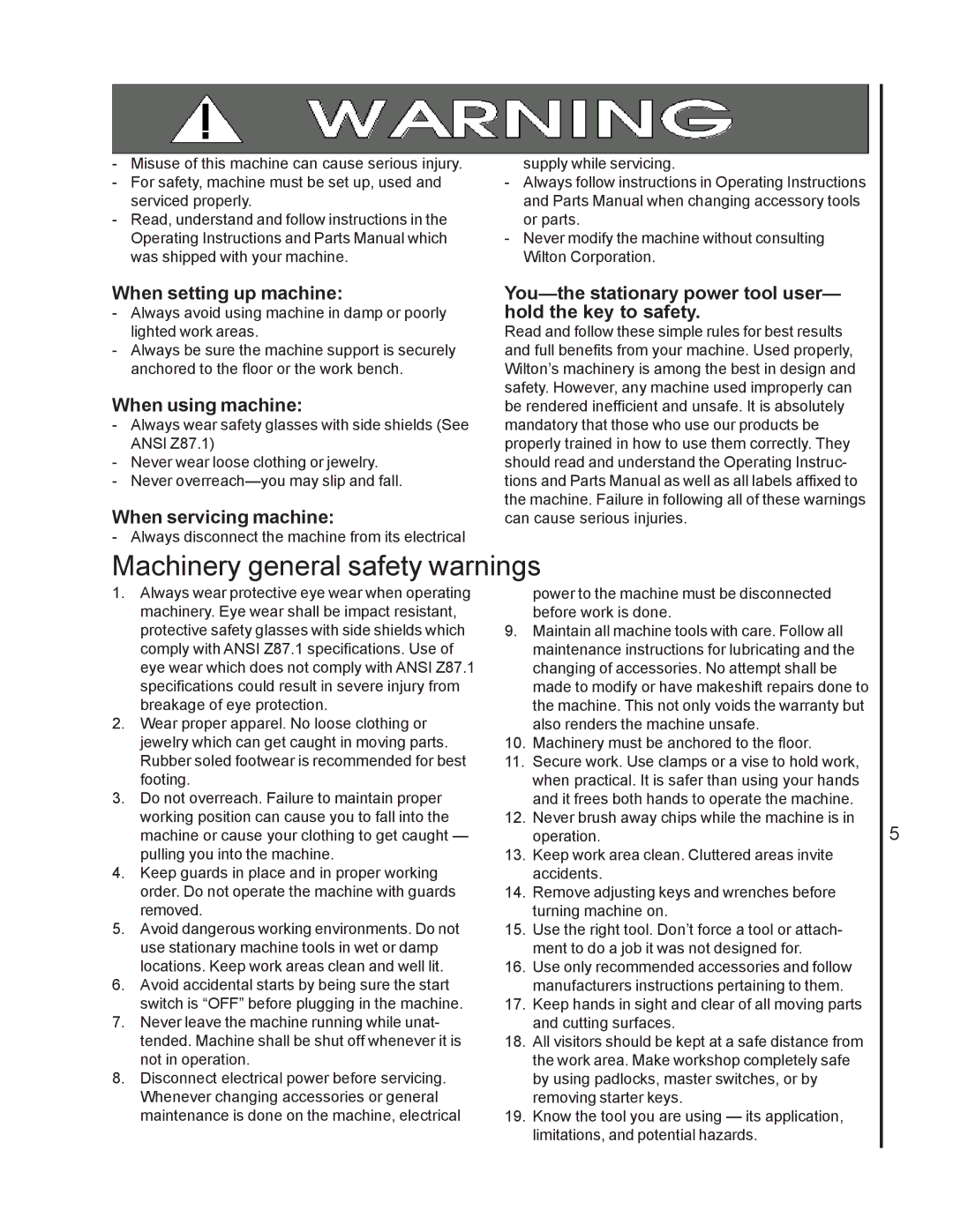 Wilton 2221VS manual Machinery general safety warnings, When setting up machine, When using machine, When servicing machine 