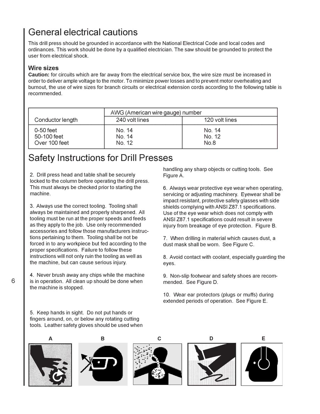 Wilton 2221VS manual General electrical cautions, Safety Instructions for Drill Presses, Wire sizes 