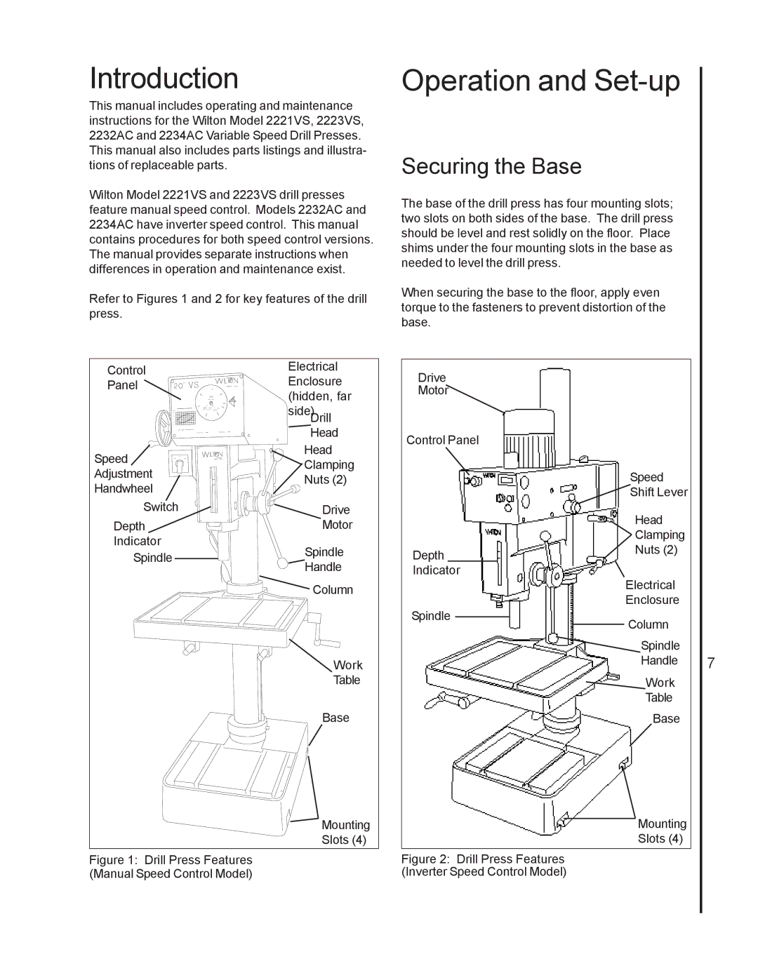 Wilton 2221VS manual Introduction, Operation and Set-up, Securing the Base 