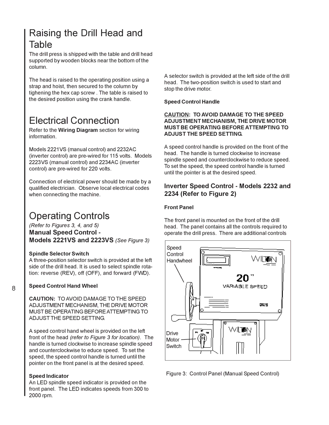 Wilton 2221VS manual Raising the Drill Head and Table, Electrical Connection, Operating Controls 