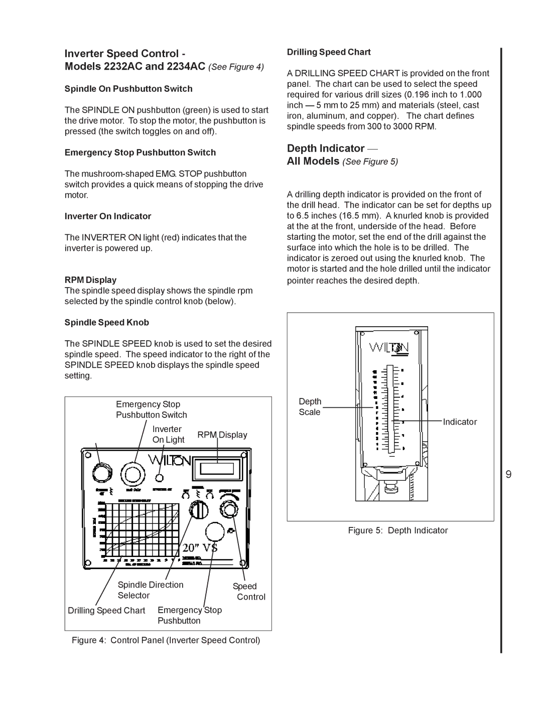 Wilton 2221VS manual Inverter Speed Control Models 2232AC and 2234AC See Figure, Depth Indicator 