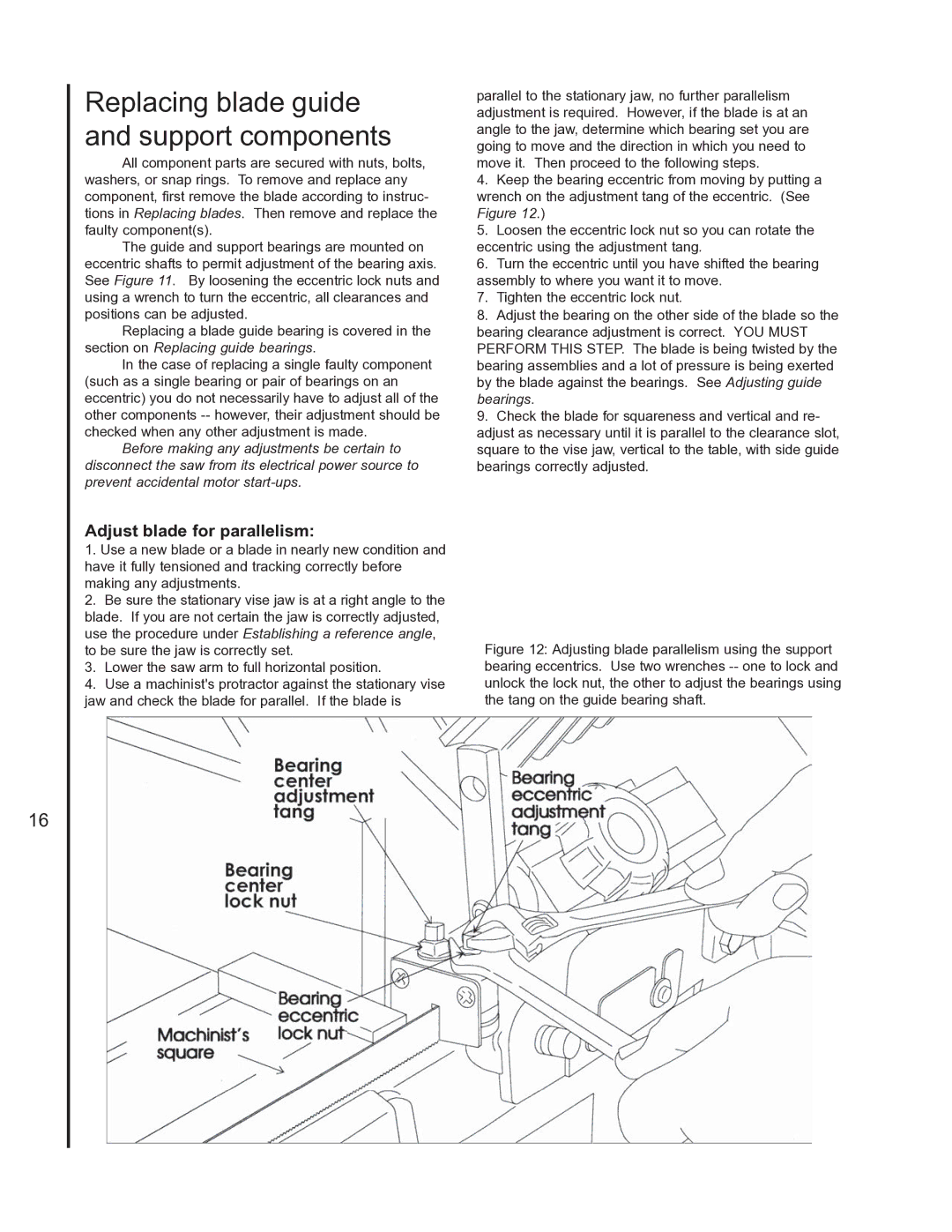 Wilton 3400, 3410 manual Replacing blade guide and support components, Adjust blade for parallelism 