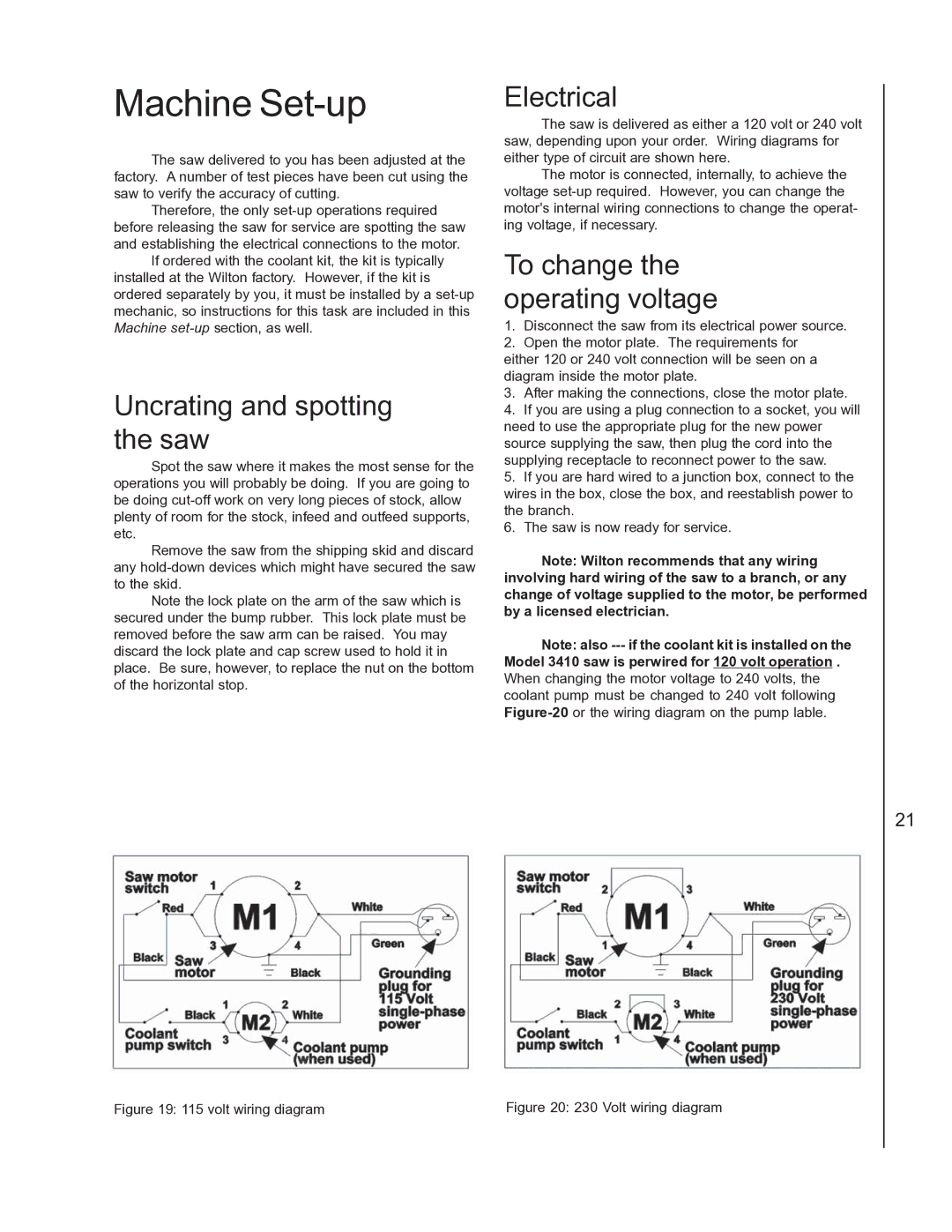 Wilton 3410, 3400 manual Uncrating and spotting the saw, Electrical, To change the operating voltage 