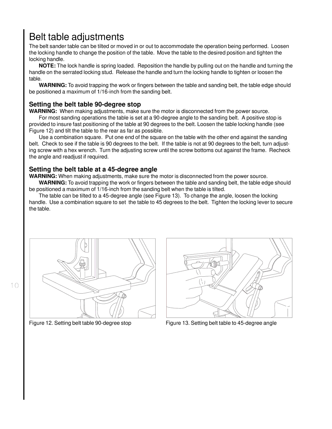 Wilton 4002 manual Belt table adjustments, Setting the belt -degree stop, Setting the belt table at a 45-degree angle 