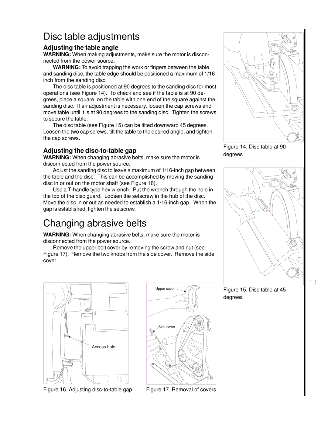 Wilton 4002 Disc table adjustments, Changing abrasive belts, Adjusting the table angle, Adjusting the disc-to-table gap 