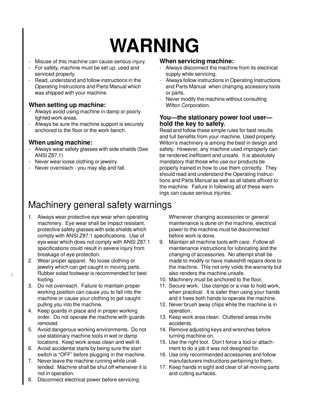 Wilton 4002 manual Machinery general safety warnings, When setting up machine, When using machine, When servicing machine 