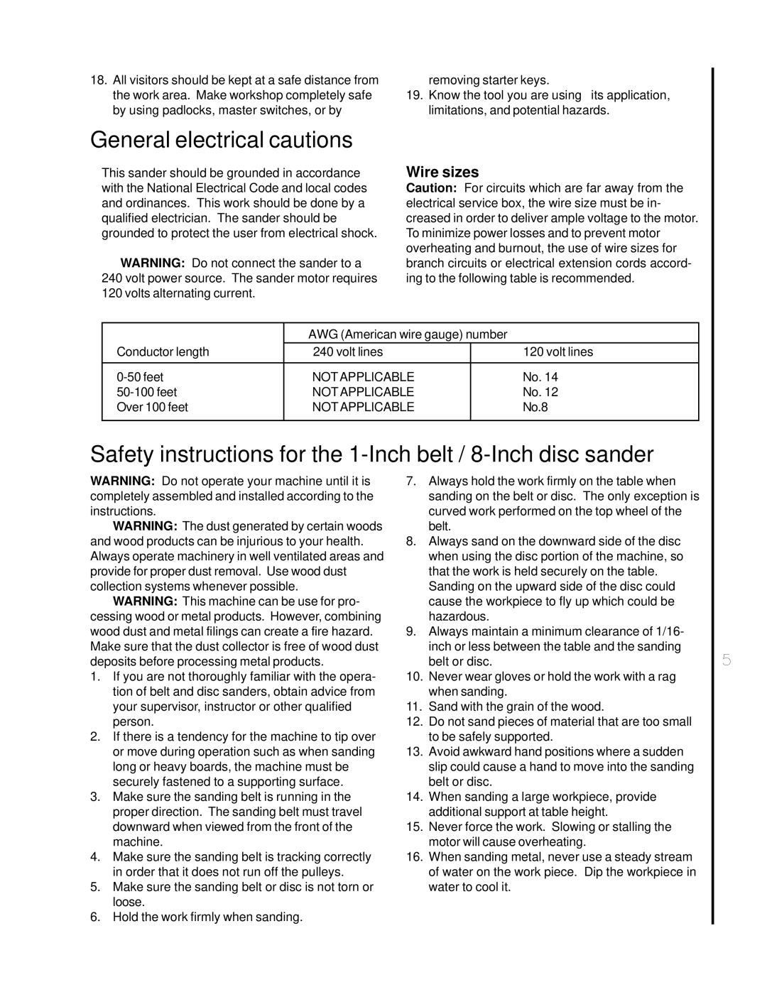 Wilton 4002 manual General electrical cautions, Wire sizes 