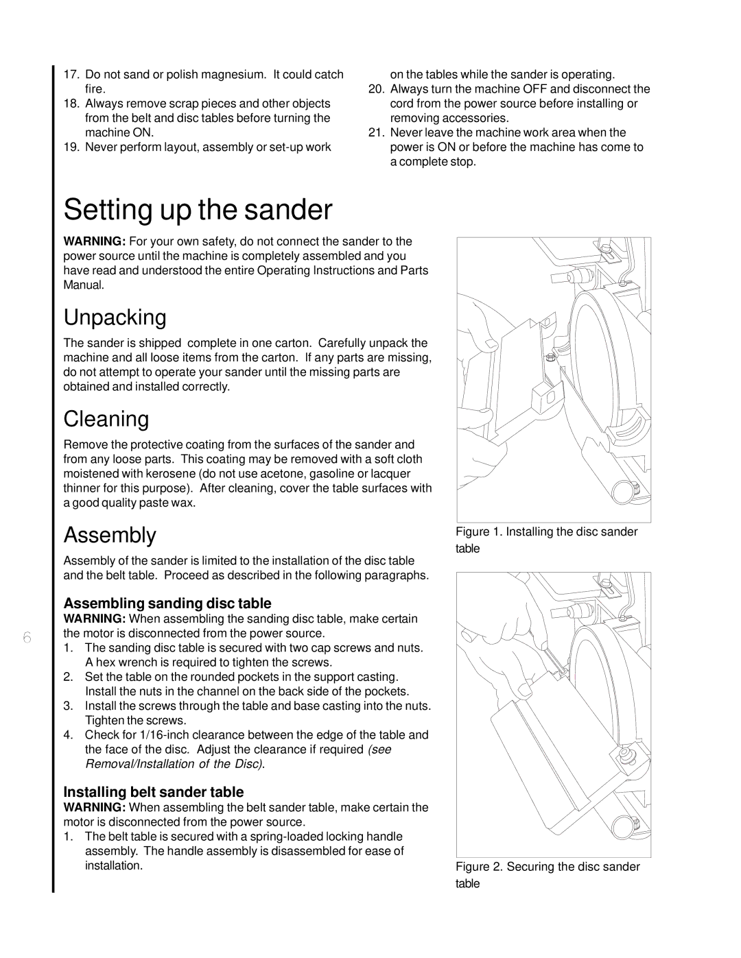 Wilton 4002 manual Setting up the sander, Unpacking, Cleaning, Assembly 