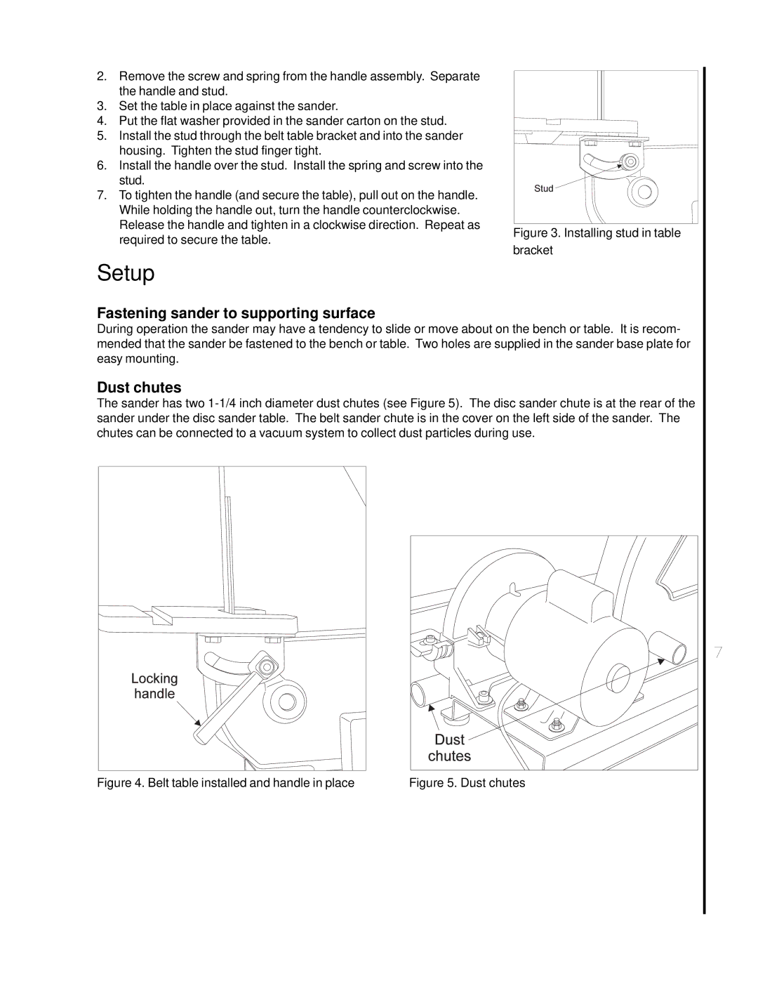 Wilton 4002 manual Setup, Fastening sander to supporting surface, Dust chutes 