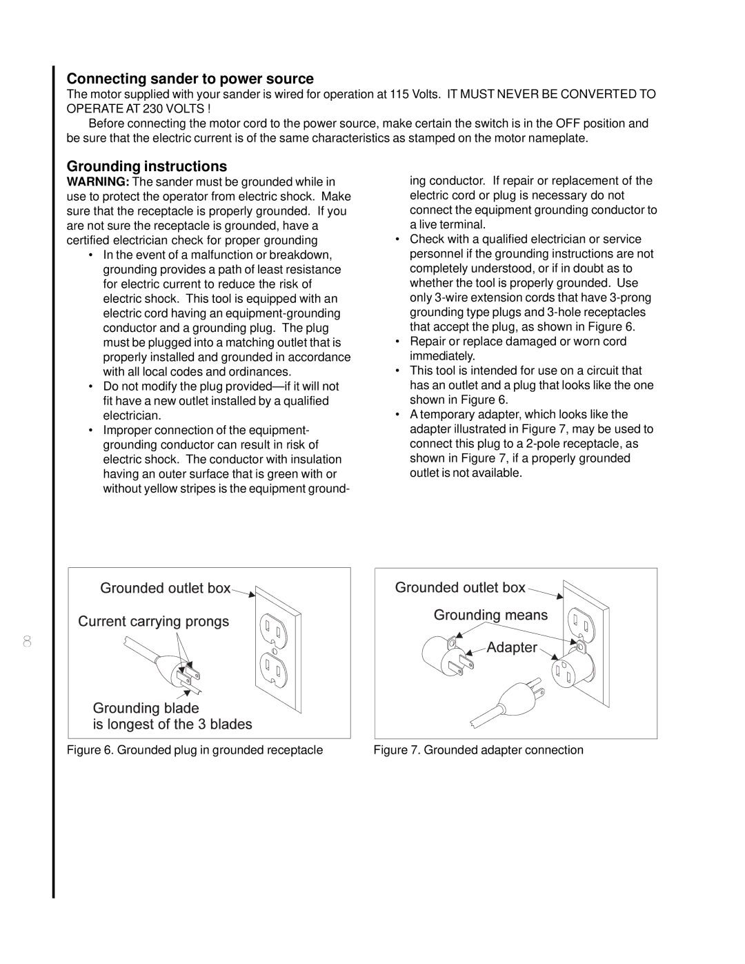 Wilton 4002 manual Connecting sander to power source, Grounding instructions 