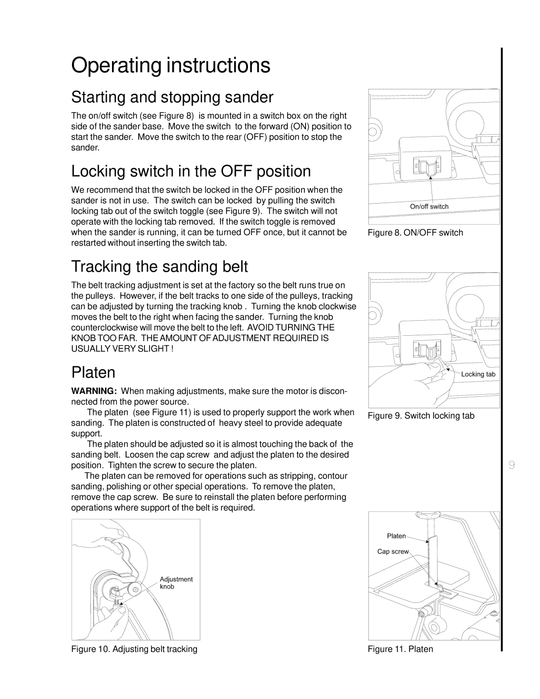 Wilton 4002 manual Operating instructions, Starting and stopping sander, Locking switch in the OFF position, Platen 