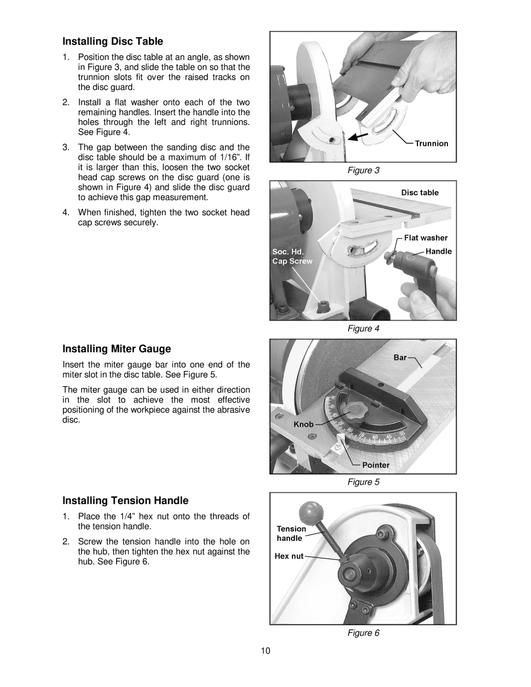 Wilton 41002 manual Installing Disc Table, Installing Miter Gauge, Installing Tension Handle 