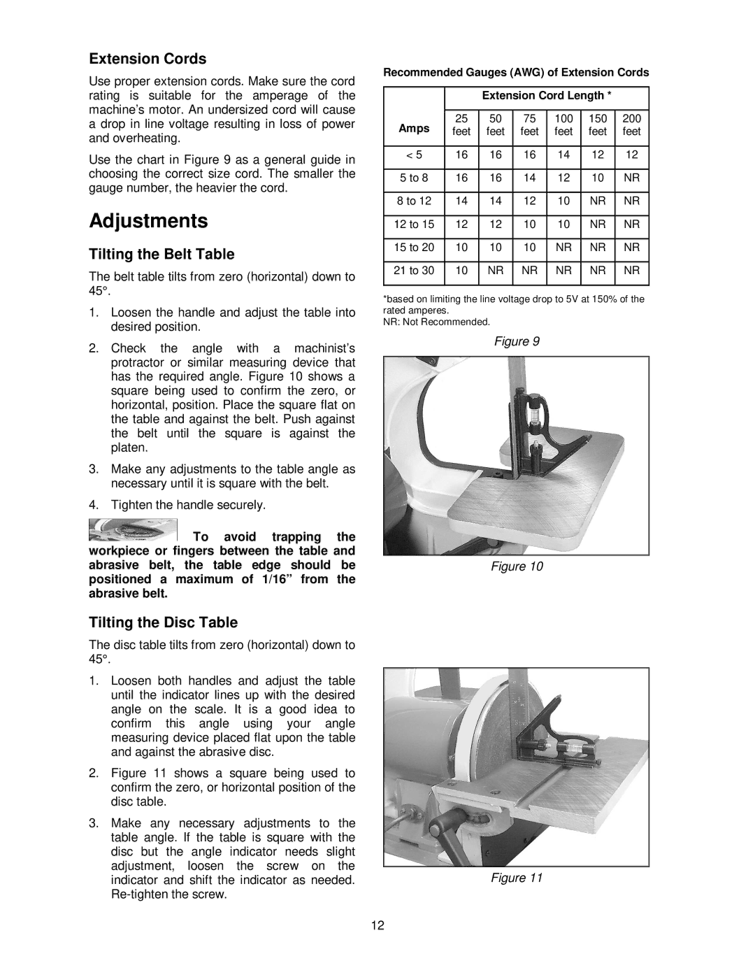 Wilton 41002 manual Adjustments, Extension Cords, Tilting the Belt Table, Tilting the Disc Table 